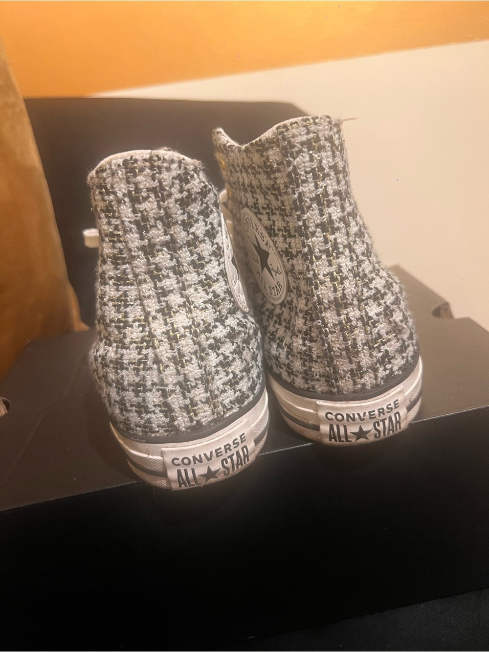 Converse Women's High Top Tweed Sneakers in Black & White gold accent thread - Picture 3 of 7